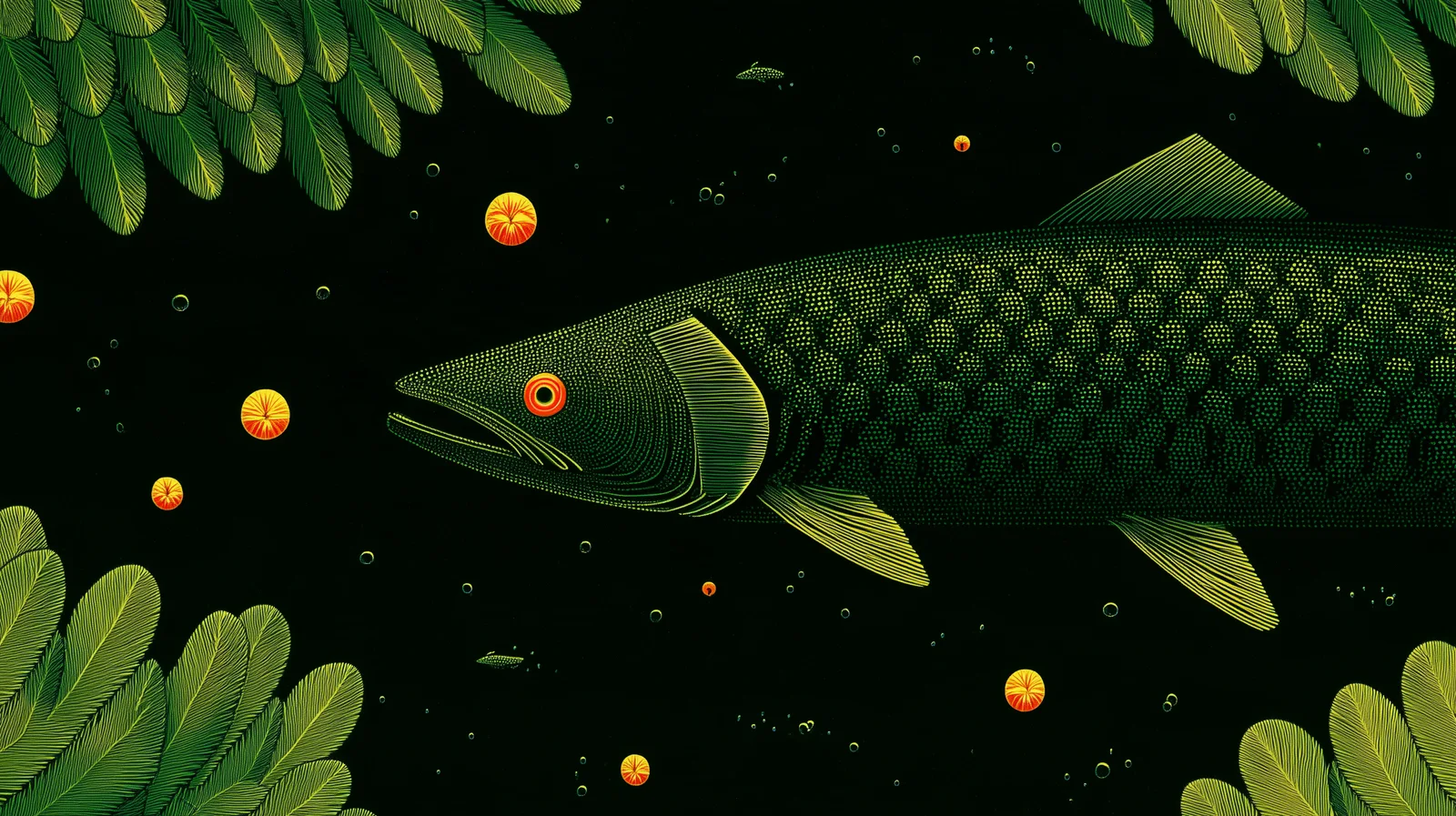 Underwater in the dark, a great salmon drawn in fine green lines swims among drifting hazelnuts, framed by hazel leaves.