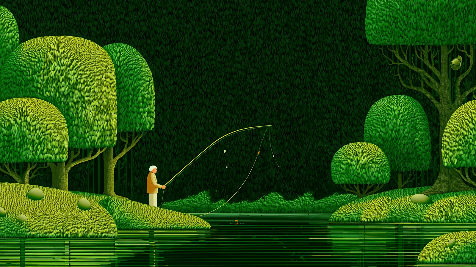 On a mossy riverbank beneath tall rounded trees, an old man in a brown coat fishes the dark river with a long, bending rod.
