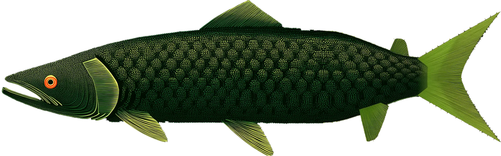 An ancient salmon drawn in fine glowing green lines, its eye a single point of vermilion.